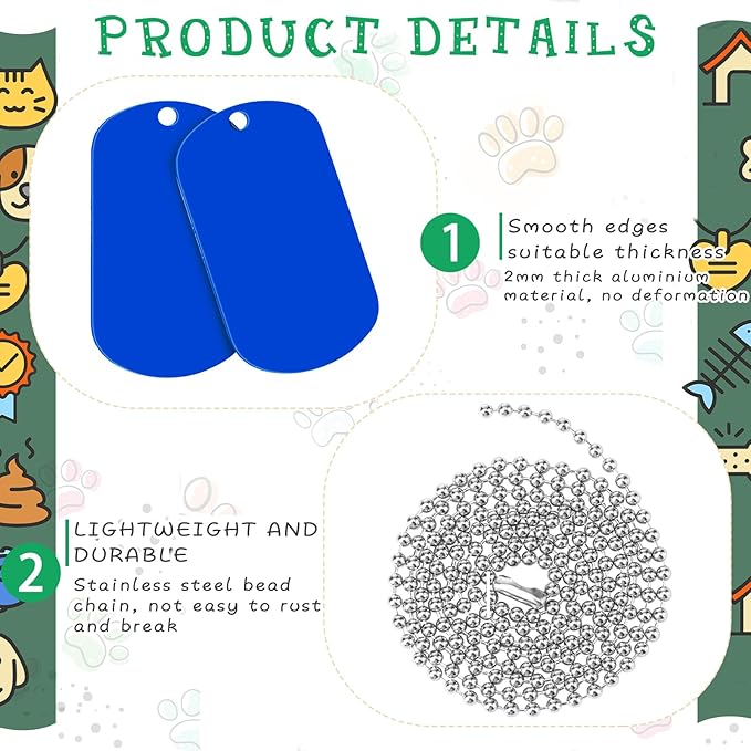 Yinkin 200 Pcs Personalized Military Dog Tags Set Including 100 Pcs Aluminum Blank Dog Tags for Engraving 100 Ball Steel Chain Rectangle Metal Blank Stamping Label for DIY Craft(Blue)