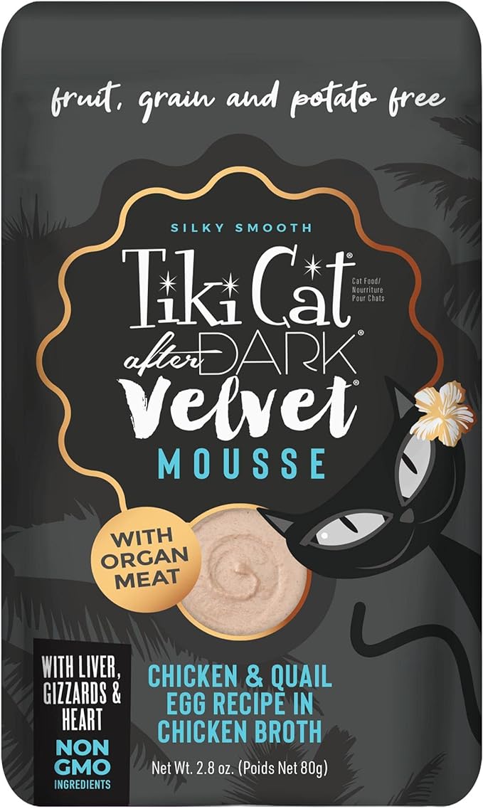 Tiki Cat After Dark, Velvet Mousse, Chicken & Quail Egg Recipe in Chicken Broth, Grain & Potato Free Formula, with High Protein & Nutrient Dense Blended Organ Meat, 2.8 oz. Pouch (Pack of 12)