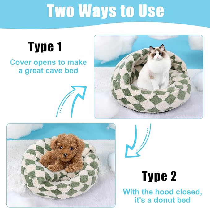 Dog Beds for Small Dogs, Cat Bed Cave, Washable Cute Cat Bed, Cozy Nook Pet Bed for Dogs or Cats, Anti-Slip Puppy Bed Fits up to 12 lbs Pets(Grid Green, 20" x 20")