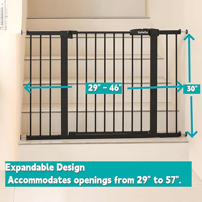 29"-57" Baby and Pet Safety Gate, 30" Tall Metal Walk-Thru Gate for Doorways & Stairs, Easy One-Hand Open, Dual Lock, Extensions & Wall Mounts Included (Brown, 29"-46" W x 30.5“H)
