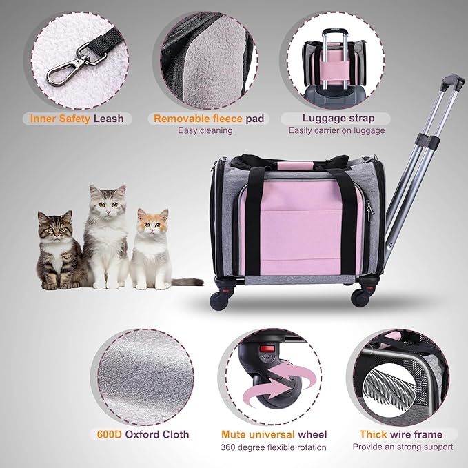 Pet Carrier Airline Approved on Wheels - Two Sided Expandable Cat Soft Carrier for Puppy and Cats Under 26lbs, Rolling Cat Carrier for Airplane, Camping, Outdoor