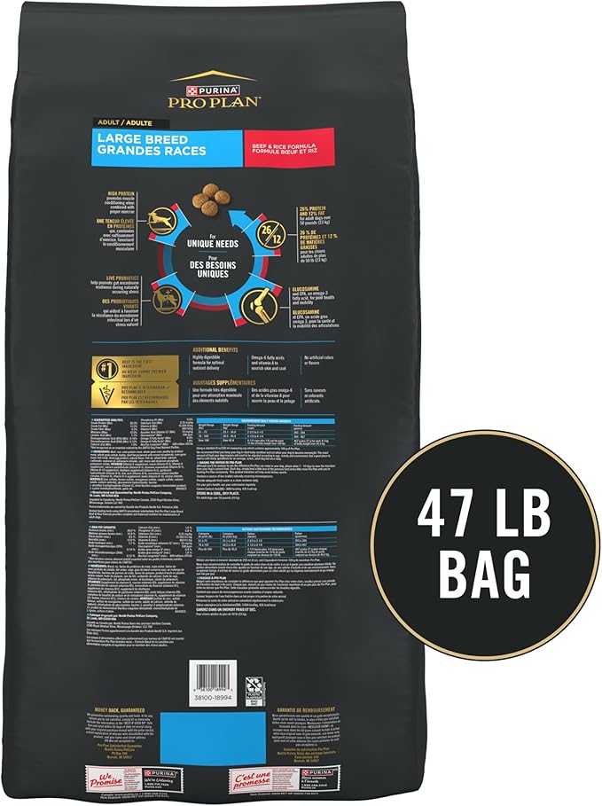 Purina Pro Plan Large Breed Dry High Protein Dog Food With Probiotics for Dogs, Beef and Rice Formula - 47 lb. Bag