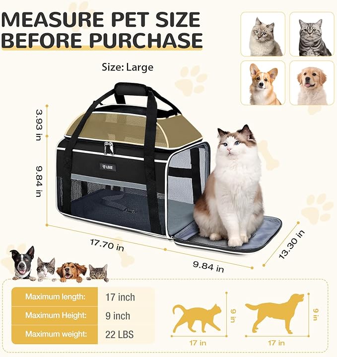 Lekereise Top-Expandable Pet Carrier - TSA Airline Approved Soft Sided Underseat Up to 22lbs Travel Carriers for Small Cats and Dogs with Locking Safety Zippers Anti-Scratch Mesh Black Large