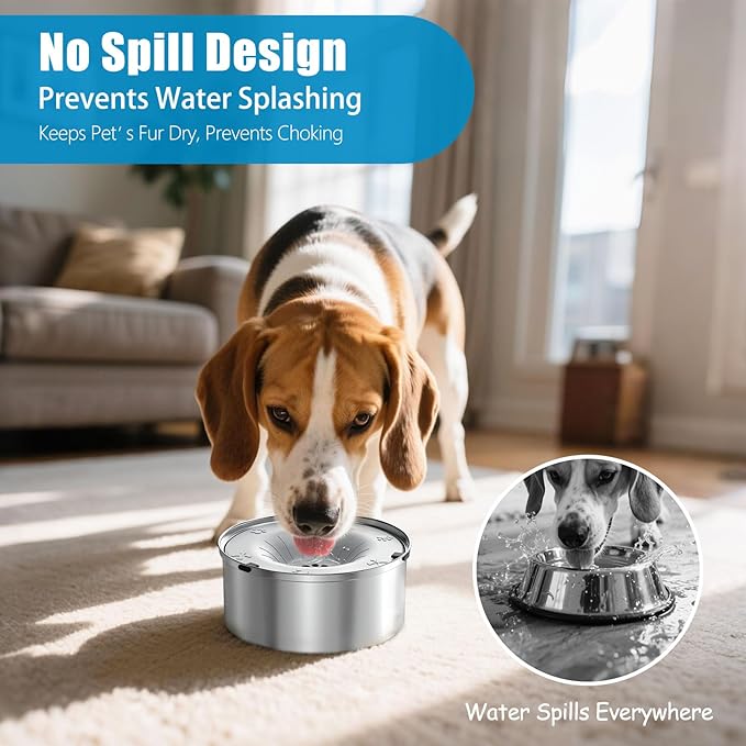 SCHITEC Dog Water Bowl No Spill 1.2L/40oz Slow Drinking Anti-Splash Stainless Steel Dog Bowl with Floating Disk, Spill Proof Pet Travel Water Dispenser for Sloppy Messy Drinkers(Light Gray)