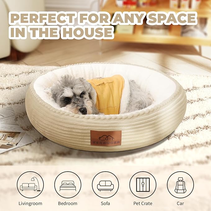 Cat Bed, 20In Dog Beds for Small Dogs, Calming Cat & Dog Beds for Indoor Pets, Pet Beds Comfortable Donut Round Ultra Soft (Camel, 23" L x 23" W x 6.5" Th)