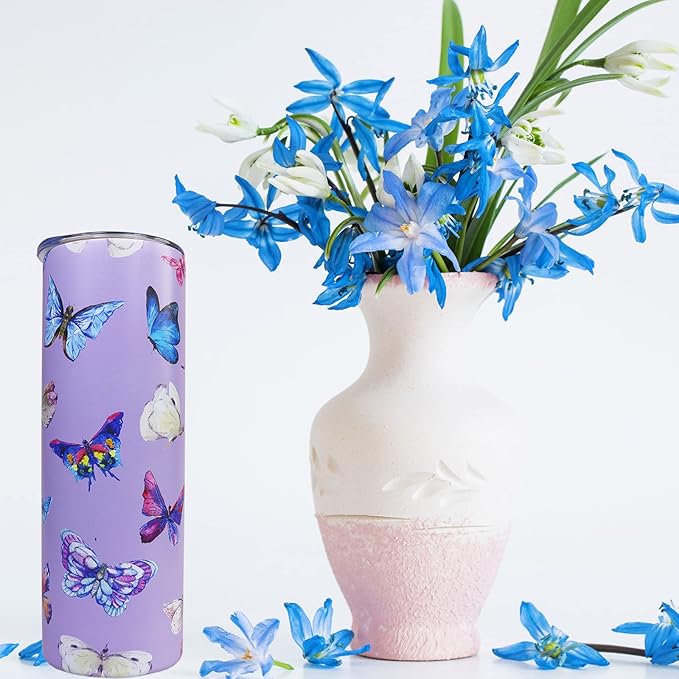 Butterfly Tumbler With Lid and Straw - 20 oz Insulated Purple Stainless Steel Skinny Tumbler Water Bottle Travel Mug Wine Cups Gifts for Women