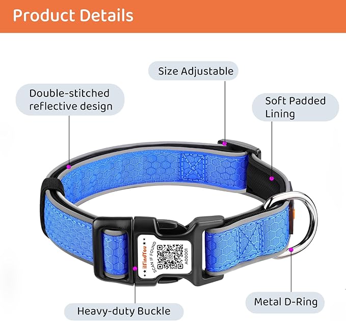 Personalized Dog Collar with QR Code tag for pet ID, Reflective Safety Collar, Suitable for Small, Medium, and Large Dogs (Blue, Small)