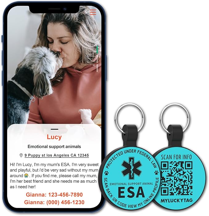 MYLUCKYTAG QR Code ESA Emotional Support Dog ID Tag - Pet Online Profile - Scan QR Receive Instant Pet Location Alert Email