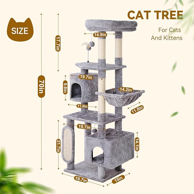 Hoopet 70-Inch Large Cat Tree for Multiple Cats Cat Tower with 2 Condos, Scratching Posts, Hammock & Platform, Plush Perch for Indoor Activity Relaxing Easy Assembly Grey