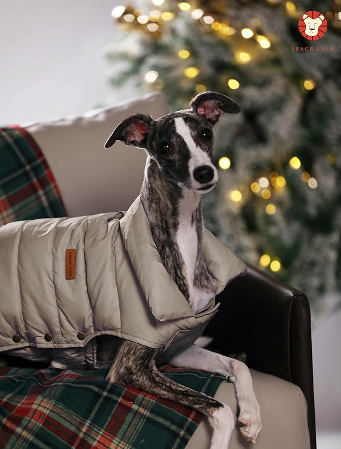 SPACE LION Puffer Jacket, Down Winter Coat, Waterproof, Windproof, Lightweight Jacket, Adjustable Fit for Medium Dogs(Khaki,L)