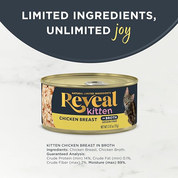 Reveal Natural Wet Kitten Food in Broth, Limited Ingredient Grain Free Canned Kitten Food, Protein with No Artificial Additives, Chicken Breast in Broth (12 x 2.47 oz Cans)