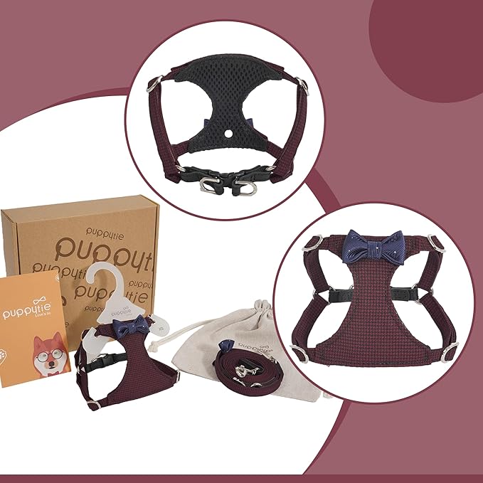 Puppytie No Pull Small Dog Harness with Multifunction Dog Leash,Lightweight Soft Adjustable No Choke Escape Proof Pet Harness Vest Pet Harness Vest,Plaid deep red,S