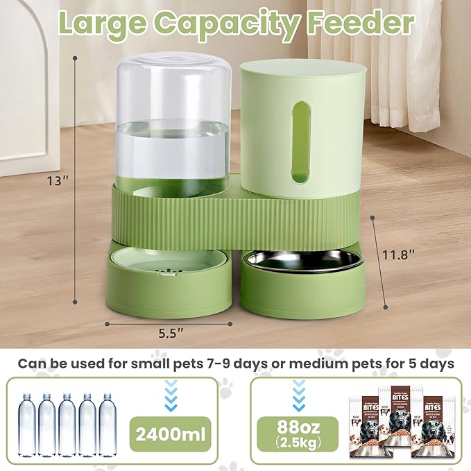 Automatic Dog Cat Water Dispenser Gravity Feeder and Water Dispenser Stainless Steel 2-in-1 Set Large Capacity Dispenser for Pets Dogs, Puppies, Kittens（Green）