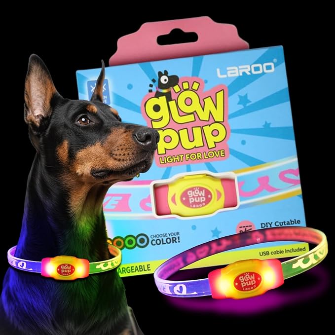 LaRoo LED Light Up Dog Collar, Multi-Color Glowing Safety Pet Collar, USB Rechargeable, Adjustable, Night Walk High Visibility Collar Safety Dog Light for Small Medium Dogs(Pink)