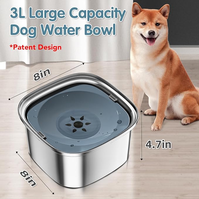 UPSKY 3L Dog Water Bowl 101oz Stainless Steel No Spill Large Capacity Dog Food Water Bowl Slow Water Feeder, Spill Proof Pet Water Dispenser Vehicle Carried Travel Water Bowls