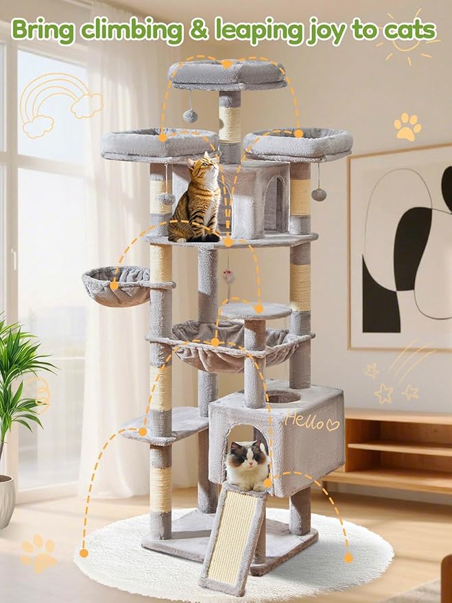 Taoqimiao 76-Inch Cat Tree with Scratching Posts,XXL Cat Tower for Large Cats with Cat Scratching Board,Extra-Large Metal Hammock,3 Perches, 2 Big Condos, Hanging Basket,MS047W,Light Gray