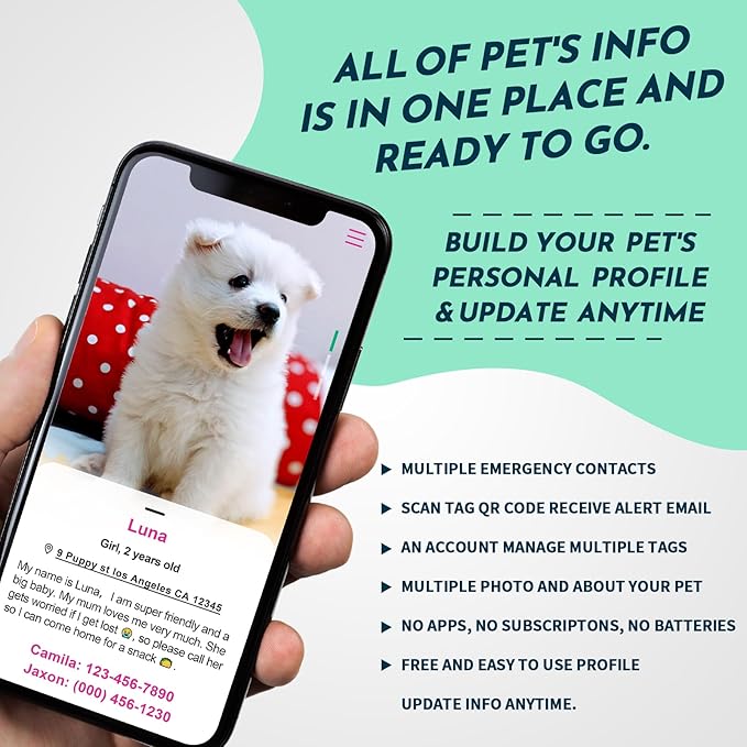 MYLUCKYTAG QR Code Stainless Steel Pet ID Tag - Personalized Online Profile, Location Alert Email, Digital ID, Durable Dog Collar Tag, Engraved