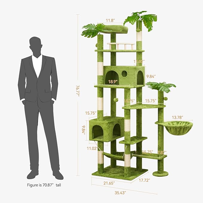 77in Large Cat Tower for Heavy Duty Big Cats, Tall Cat Tree with Leaves - Scratching Post, Two Cat Condos, Soft Hammocks, Padded Perches & Dangling Balls, Green