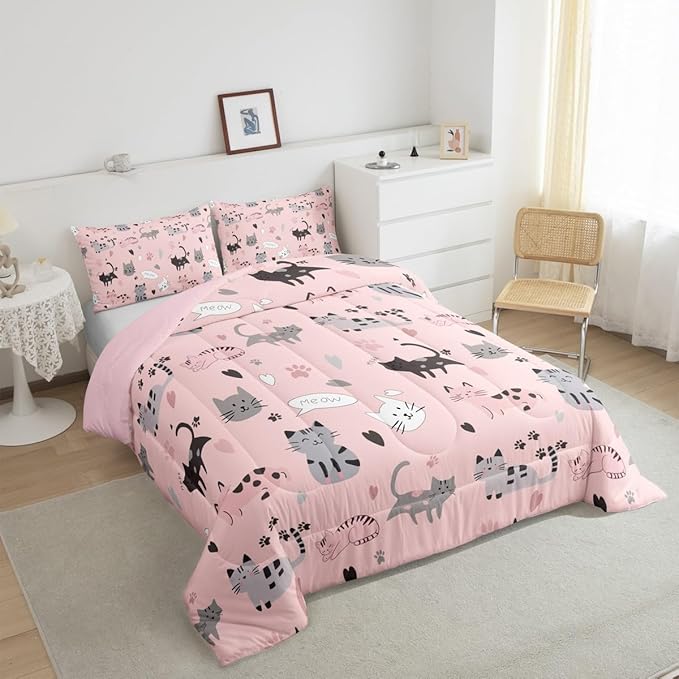 Erosebridal Kids Cat Comforter Set Full Cute Pet Bedding Set for Girls Pink Kitten Bedding Comforter Sets Kawaii Cat Paws Duvet Insert Cartoon Animal Theme Quilted Comforter Lovely Bedroom Decor 3pcs