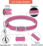 OOPSDOGGY Rolled Leather Cat Collar with Bell, Reflective Kitten Collars with Buckle Include Safety Elastic Strap - Adjustable Small Pet Collars for Boy Girl Cats (Fucsia)