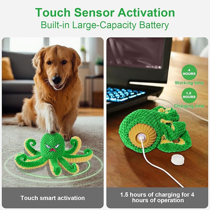 Interactive Dog Toys Octopus,Durable Automatic Jumping Dog Toy to Keep Them Busy,Squeaky Moving Tug of War Doggie Toy,USB Rechargeable Puppy Toys (Green)