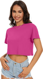 Womens Summer Crop Tops Short Sleeve Round Neck T-Shirts Loose Fit Casual Blouse