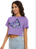 Womens Summer Crop Tops Short Sleeve Round Neck T-Shirts Loose Fit Casual Blouse