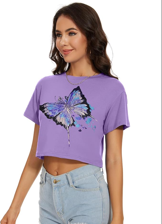 Womens Summer Crop Tops Short Sleeve Round Neck T-Shirts Loose Fit Casual Blouse