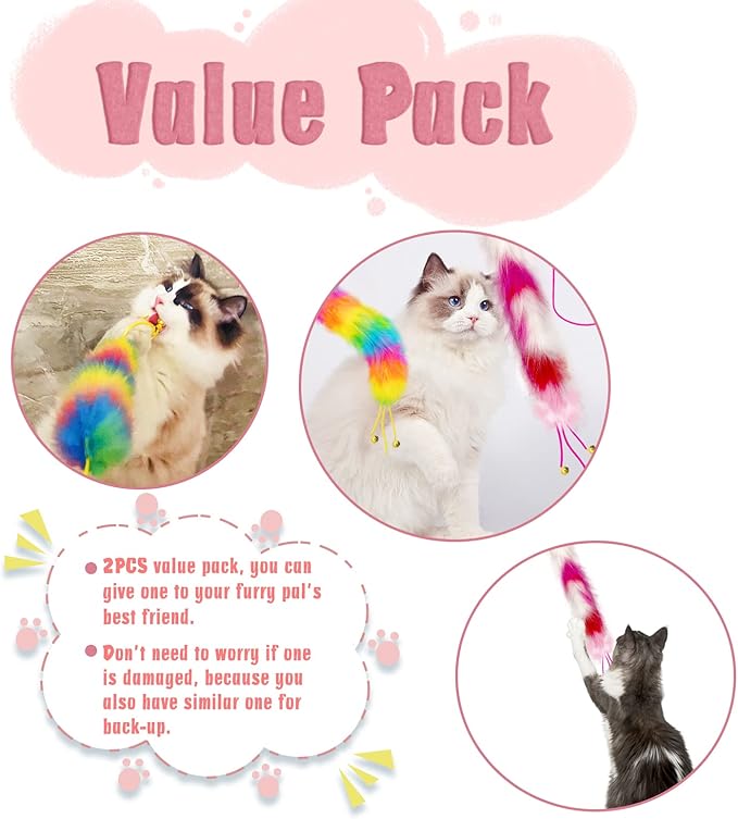2 Pack Cat Wand Toy, Rainbow Cat Feather Toys with Bells, Teaser Wand with Soft Furry Tail, Interactive Toys for Indoor Cats & Kitten & Kitty