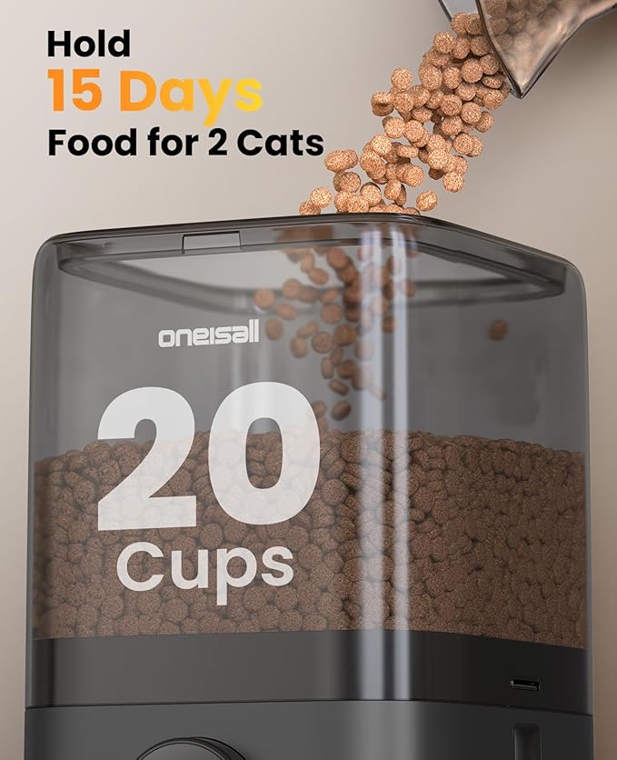 oneisall Wireless WiFi Automatic Cat Feeders 2 Cat, Rechargeable 100-Day Battery Operated Timed Cats Feeder, 20 Cups/5L Cats Food Dispenser Automatic for Large Kibble, Smart App Control.