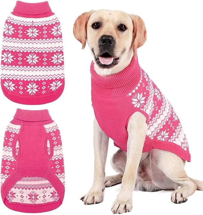 KOOLTAIL Cable Knit Dog Sweater Turtleneck, Cold Weather Pullover Classic Knitwear, Snowflake Pattern Thick Warm Winter Pet Clothes, Dog Christmas Sweater for Small Medium Large Dogs Girl,Pink ML