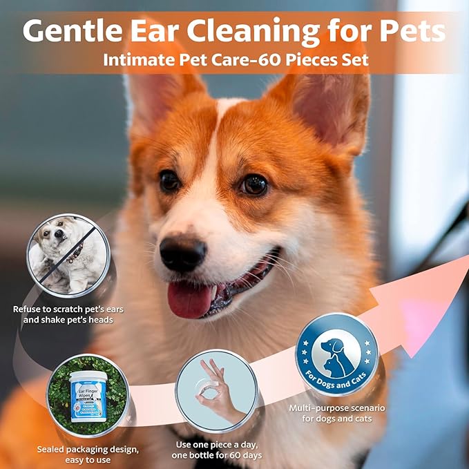 OBSEDE Dog & Cat Ear Wipes, 60 Count Finger Pads for Cleaning & Itch Relief