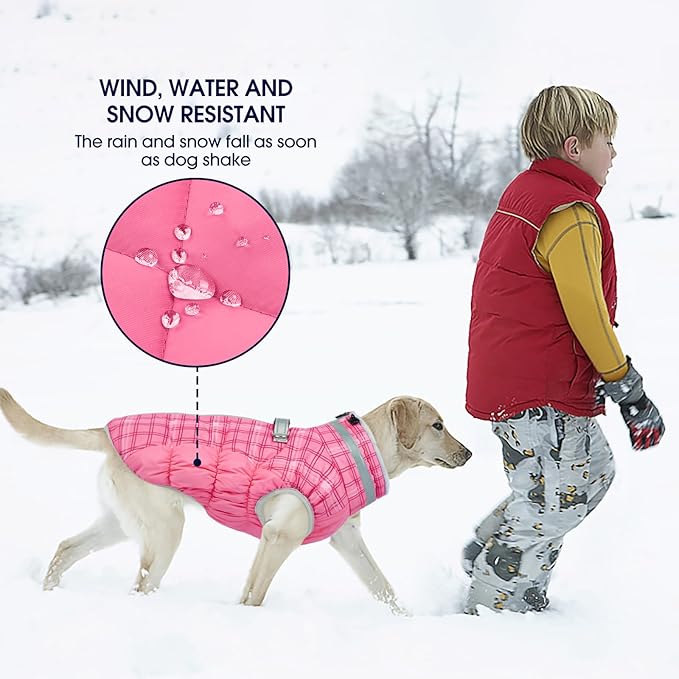 FUAMEY Dog Coat for Small Dogs,Waterproof Dog Winter Jacket with Harness Built in Puppy Cold Weather Coats Reflective Pet Vest with Zipper Warm Fleece Dogs Snowsuit Windproof Rose Plaid S