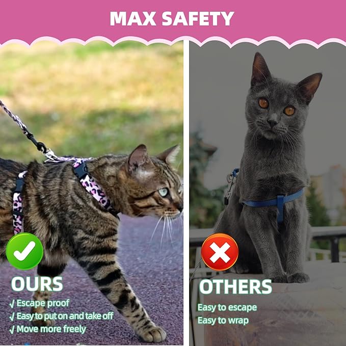 PAWCHIE Cat Harness and Leash Set, Cats Escape Proof-Adjustable Kitten Harness Lightweight Soft Outdoor Walking Travel Pet Safe Harness, Puppy Harness for Girl Cats Bunny Rabbit Small Dog, Pink M
