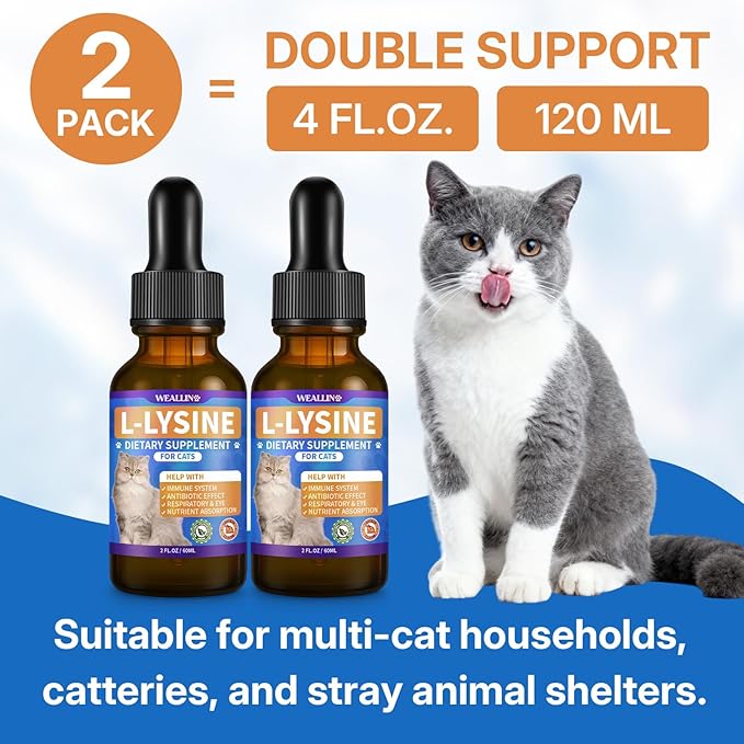 L-lysine Supplement for Cats, Immune Support for Cats, Support for Feline Respiratory, Sneezing, Runny Nose, Eye Function, Helps Strengthen Natural Defenses, Chicken Flavor, 120 ml/4 Fl Oz