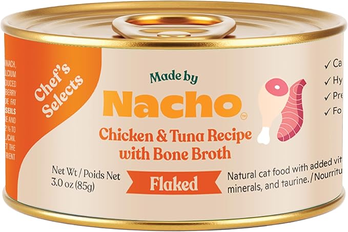 Made by Nacho Flaked Filets Recipe in Bone Broth, Grain-Free Chef's Selects Wet Food for Cats Balanced Diet in Naturally Hydrating Pumpkin-Infused Broth (3.0 oz (Pack of 12), Chicken & Tuna)