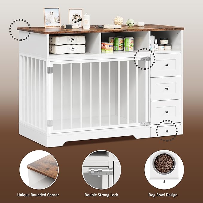 48'' Dog Crate Furniture, Farmhouse Heavy Duty Dog Kennel with Bowl & Storage Drawers, Medium Dog Cage End Table for Small Medium Dogs, White