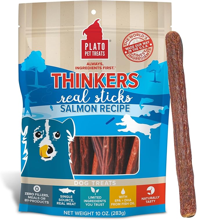 Plato Pet Treats Air Dried Dog Treats Salmon Thinkers Sticks, Natural Dog Treats, Real Meat, Air Dried, Made in the USA, 10oz