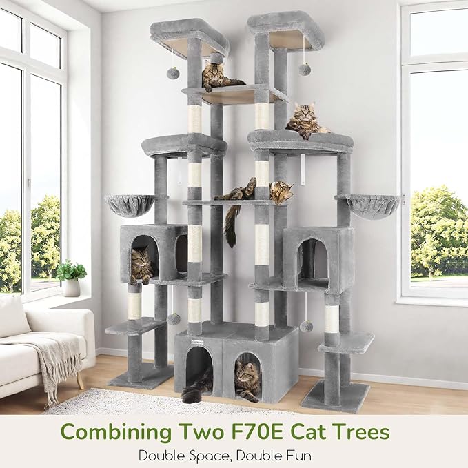 Globlazer Expandable Cat Tree Tower, 70in Tall Sturdy Cat Tree for Indoor Cats Large Adult with 2 Spacious Cat Condos, 2 Enlarged Perches, 5 Scratching Posts, Use Alone or Combine, F70E, Light Grey