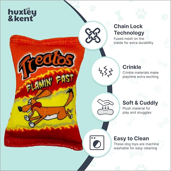 Huxley & Kent Funny Dog Toy w/Squeaker – Power Plush Squeaky Dog Toys for Small Dogs – Durable Small Stuffed Animal for Indoor Play & Fetch - Tiny Tuff Treatos Snacks