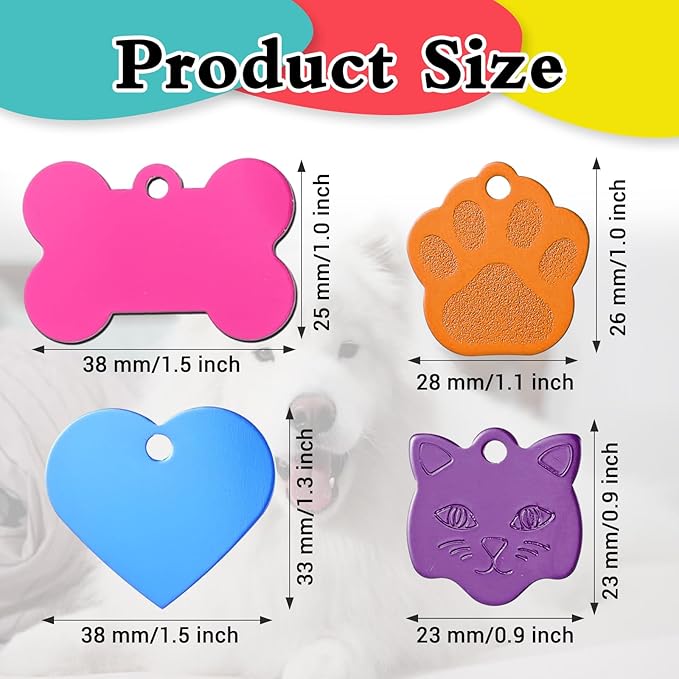 80 Pieces Pet ID Tag Colorful Blank Personalized Dog Tags Aluminum Pet Name Tags with Bone Paw Heart Cat Head Shape Animals Name Phone Number ID Craft with Holes for Dogs Cats