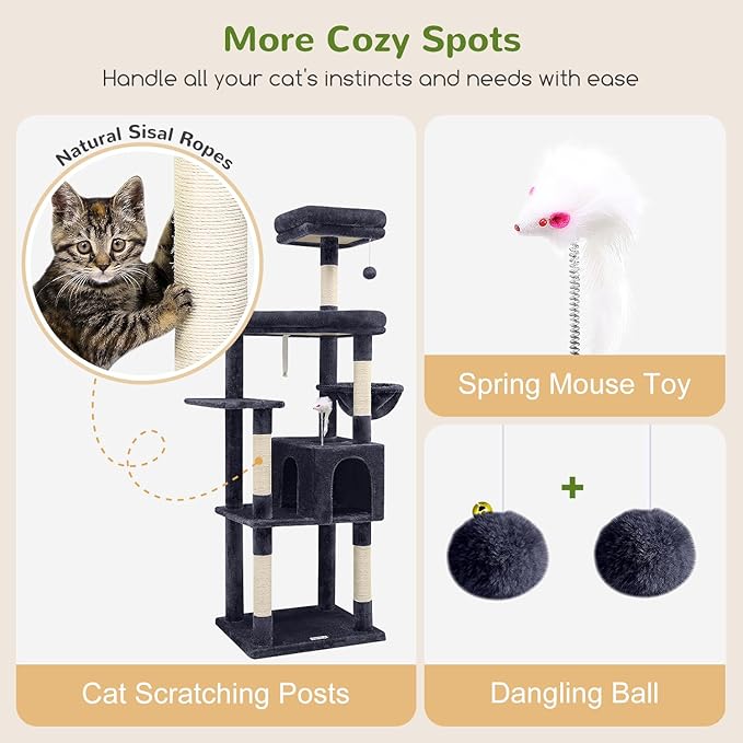 Globlazer Sturdy Cat Tree, 68-inch Large Cat Tower for Indoor Adult Cats 20 lbs Heavy Duty Cat Tree for Big Cats with Extra Large Platform, 5 Scratching Post, S68, Dark Grey