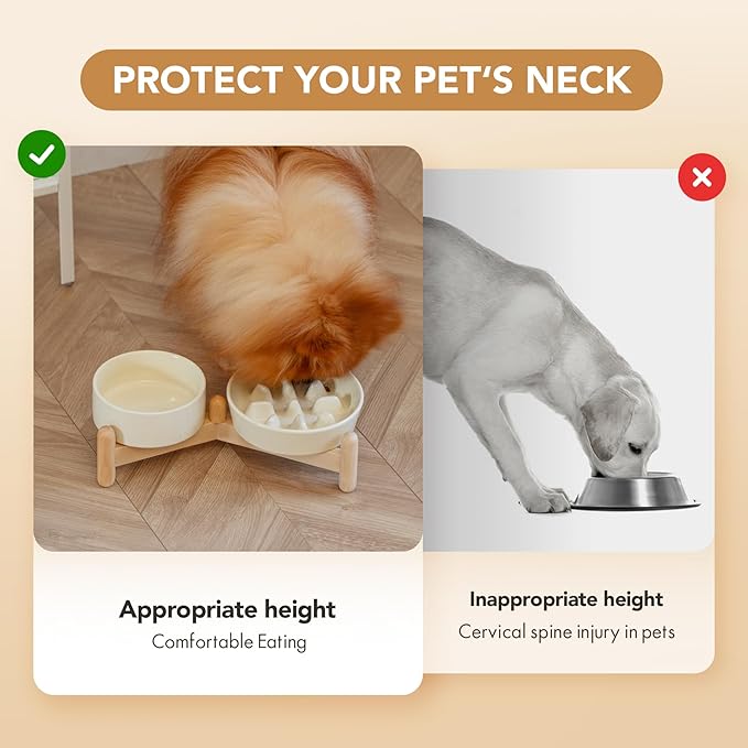 Ceramic Raised Slow Feeder Dog Bowl Set, Elevated 5.1inch Bowl and 6.1inch Slow Pet Food Dish with Wooden Stand for Small Dog and Cat (2 x Beige+ Stand)
