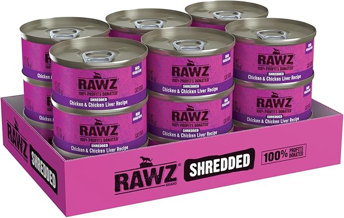 Rawz Natural Premium Shredded Canned Cat Wet Food - Grain Free Made with Real Meat Ingredients No BPA or Gums - 3oz Cans - 18 Count (Chicken & Chicken Liver)