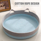 Round Cat Bed for Indoor Cats, Cat Basket Bed, Wicker Cat Donut Beds, Cooling Cat Nest for Summer Sleeping, Washable Pet Pad for Cat Scratching, Blue Grey