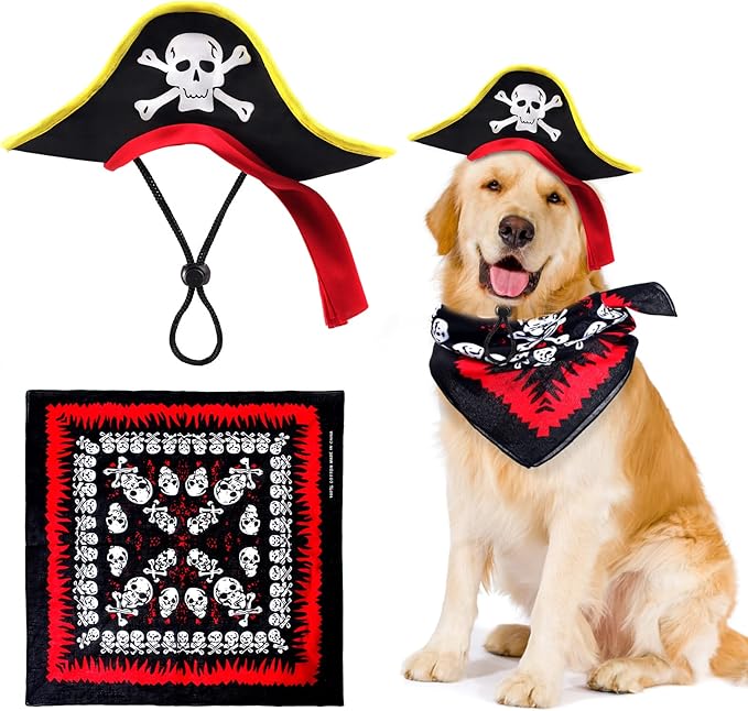 2 Pieces Skull Print Pet Pirate Hat with Pirate Skull Bandana Dog Cat Captain Cap Halloween Pirate Cosplay Costume Halloween Party Hat Dress Up Costume Accessories (A) One Size