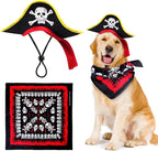 2 Pieces Skull Print Pet Pirate Hat with Pirate Skull Bandana Dog Cat Captain Cap Halloween Pirate Cosplay Costume Halloween Party Hat Dress Up Costume Accessories (A) One Size