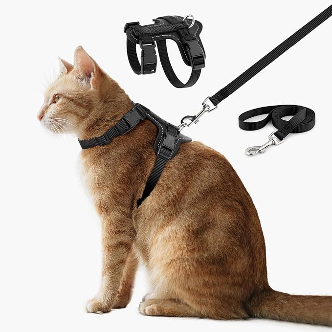 Plutus Pet Adjustable Cat Harness and Leash Set, Quick Release, Escape Proof Nylon Vest with Leather Trim for Kitten, Small Medium Large Cats, Black