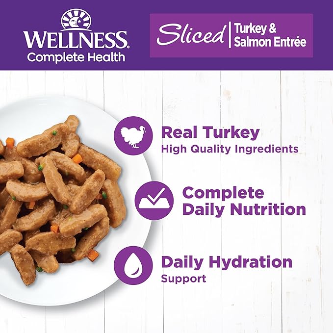 Wellness Complete Health Sliced Adult Wet Cat Food, Natural, Protein-Rich, Grain Free, 5.5 Ounce, 24 Pack, (Turkey & Salmon Entrée)