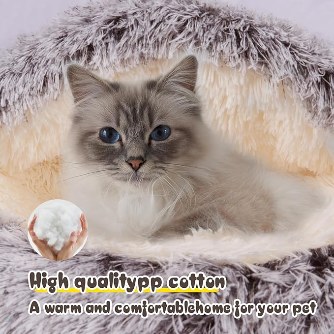 Cat Bed Calming Cat Beds,Indoor Washable Cat Bed，Anti-Slip Faux Fur Fluffy Cuddler Anxiety Cat Bed,Warming Cuddler Cushion Bed for Small Medium Dogs and Cats (Khaki, 24 * 24inch)